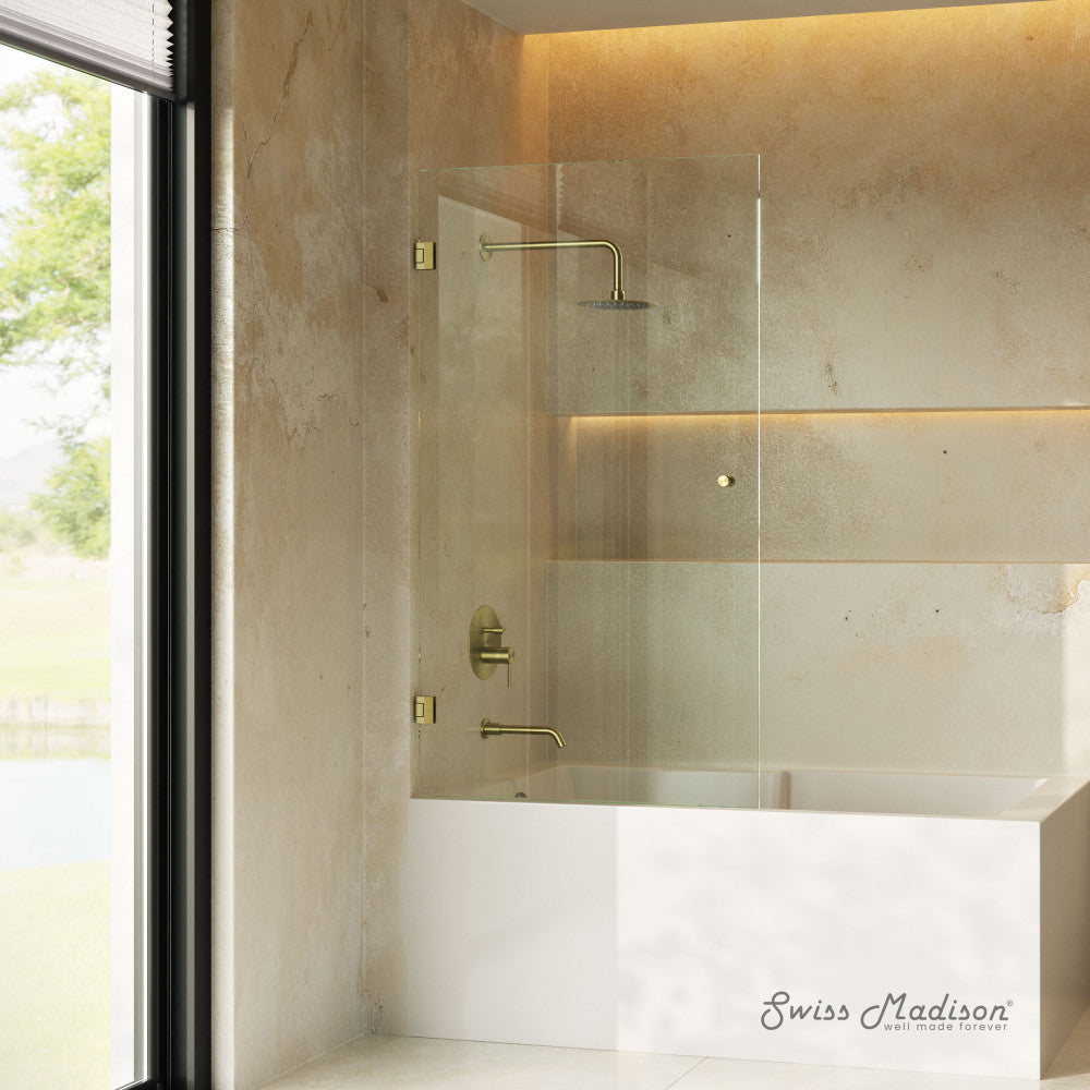 Swiss Madison Voltaire 24 x 58 Frameless Pivot 3/8 in. (10mm) Ultra Clear Tempered Glass Tub Door with Gold Brushed Hardware