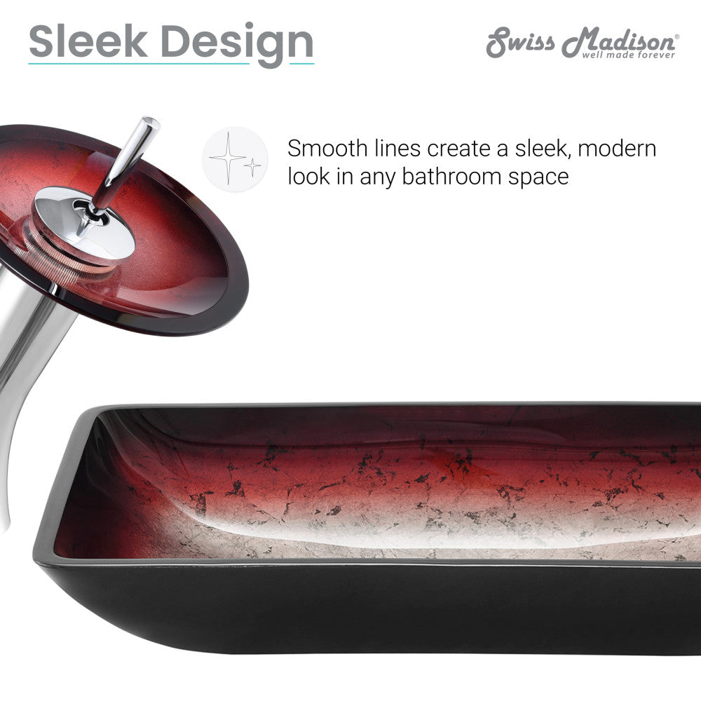Swiss Madison Cascade Rectangular Glass Vessel Sink with Faucet, Ember Red