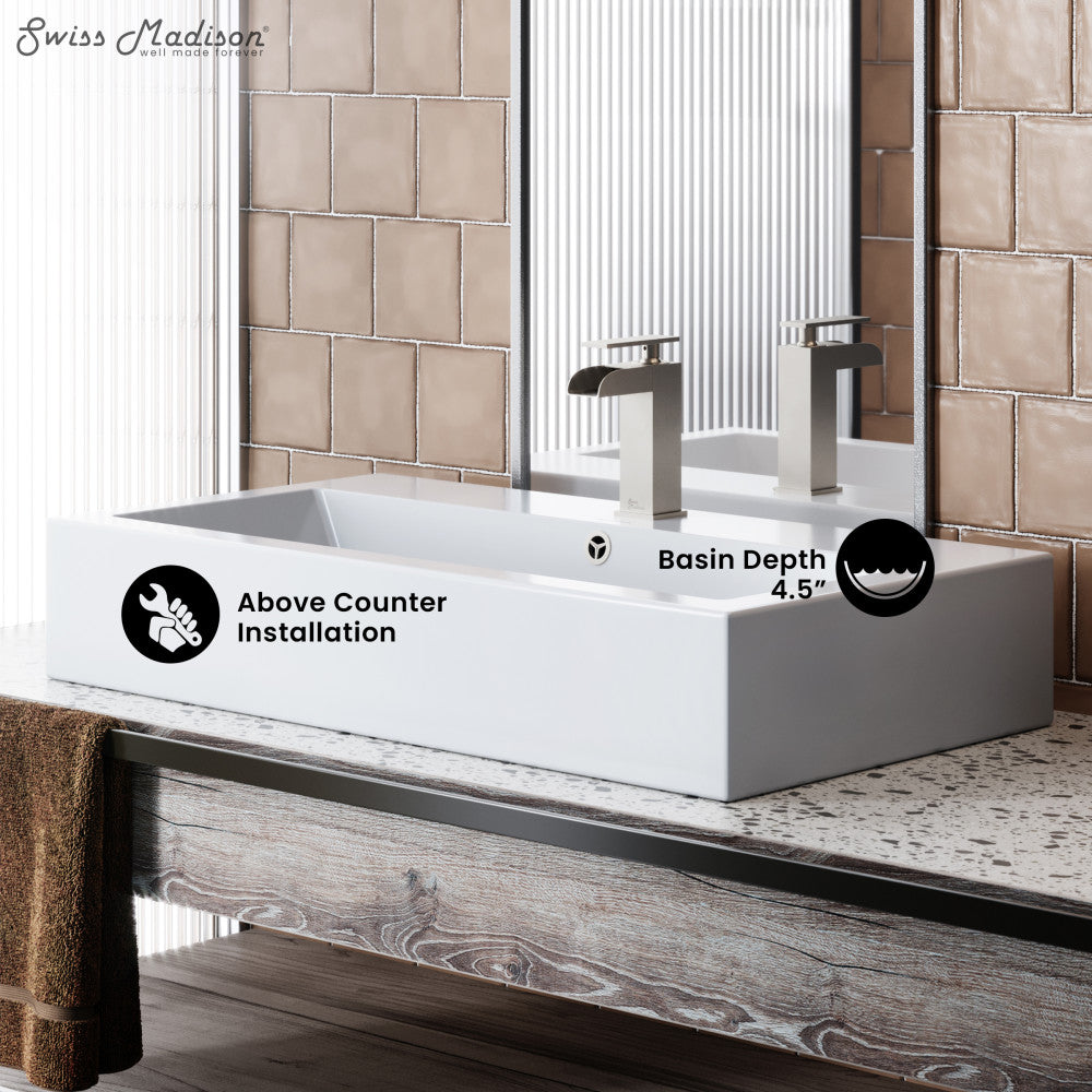 Swiss Madison Voltaire 32" Rectangle Vessel Sink in Glossy White with Faucet Mount