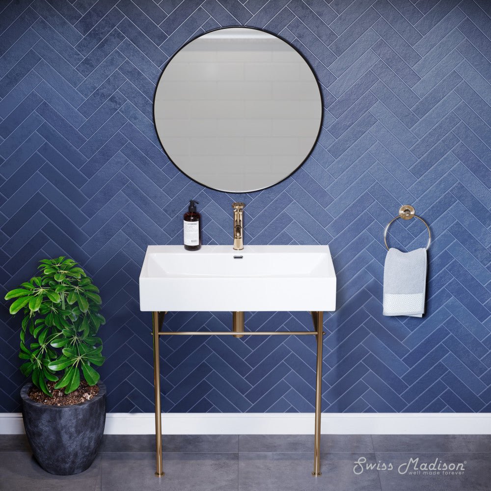 Swiss Madison Claire 30 Ceramic Console Sink White Basin Gold Legs