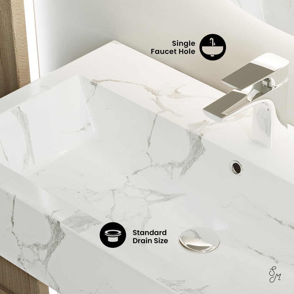 Swiss Madison Voltaire Wide Rectangle Wall Hung Sink in White Marble
