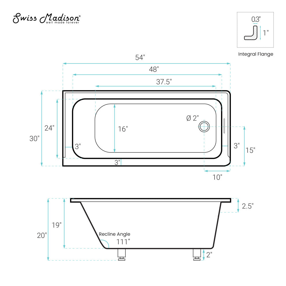 Swiss Madison Voltaire 54 x 30 Right Drain Soaking Alcove Bathtub in Glossy White with Integrated Overflow, Drain Included