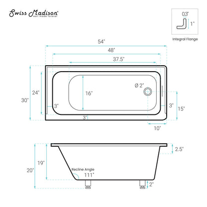 Swiss Madison Voltaire 54 x 30 Right Drain Soaking Alcove Bathtub in Glossy White with Integrated Overflow, Drain Included