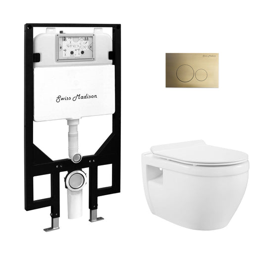 Swiss Madison Ivy Wall-Hung Toilet Bundle 0.8/1.6 GPF Dual Flush in Glossy White with Brass Flush Plate