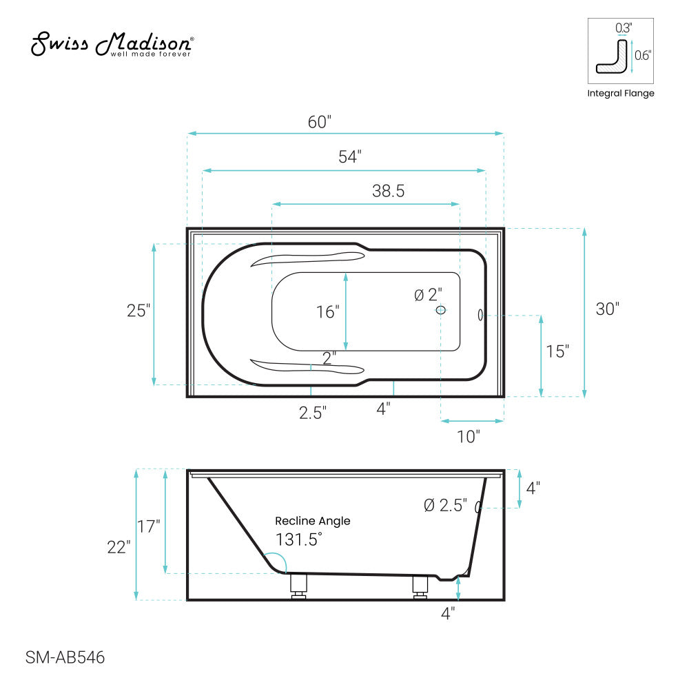 Swiss Madison Ivy 60" x 30" Right-Hand Drain Alcove Bathtub with Apron