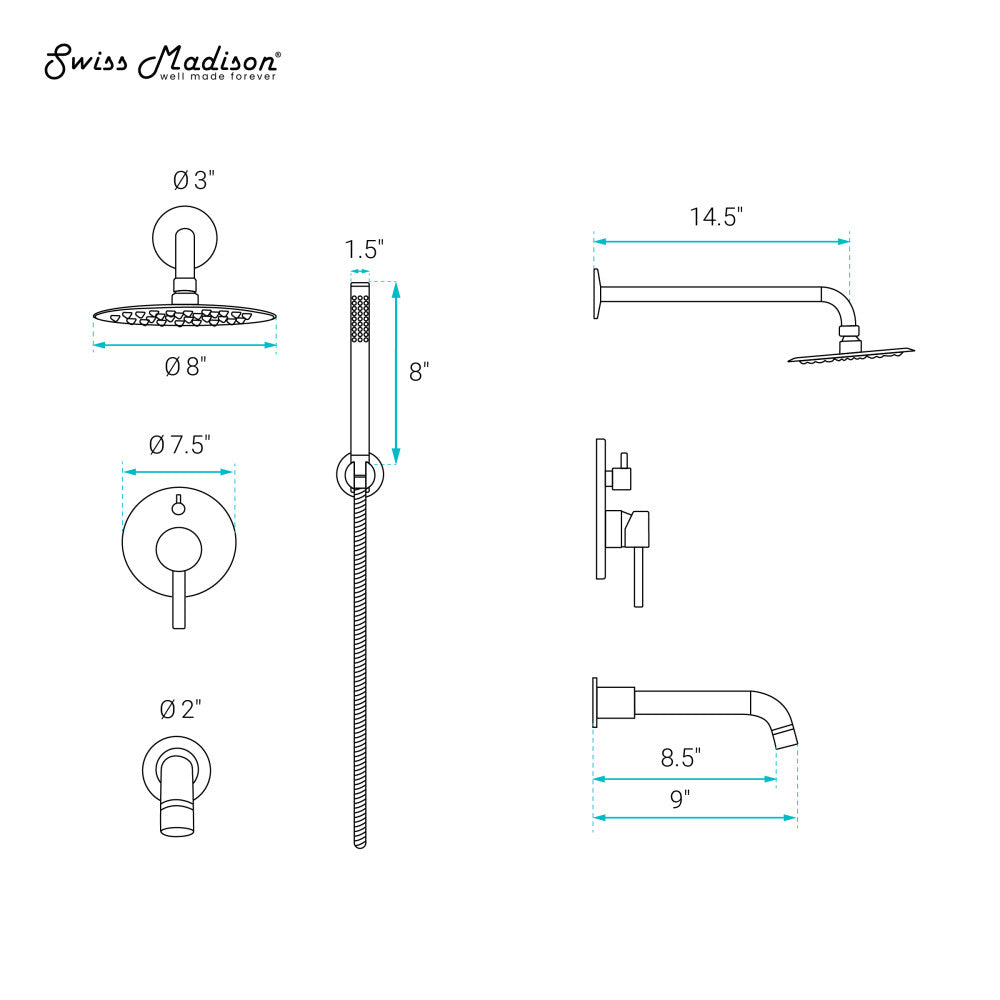 Swiss Madison Ivy 1.8 GPM Wall Mount Fixed Shower Head with Hand Sprayer and Tub Filler in Polished Chrome, Valve Included
