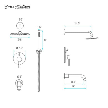 Swiss Madison Ivy 1.8 GPM Wall Mount Fixed Shower Head with Hand Sprayer and Tub Filler in Polished Chrome, Valve Included