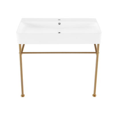 Swiss Madison Carre 36 Ceramic Console Sink White Basin Brushed Gold Legs