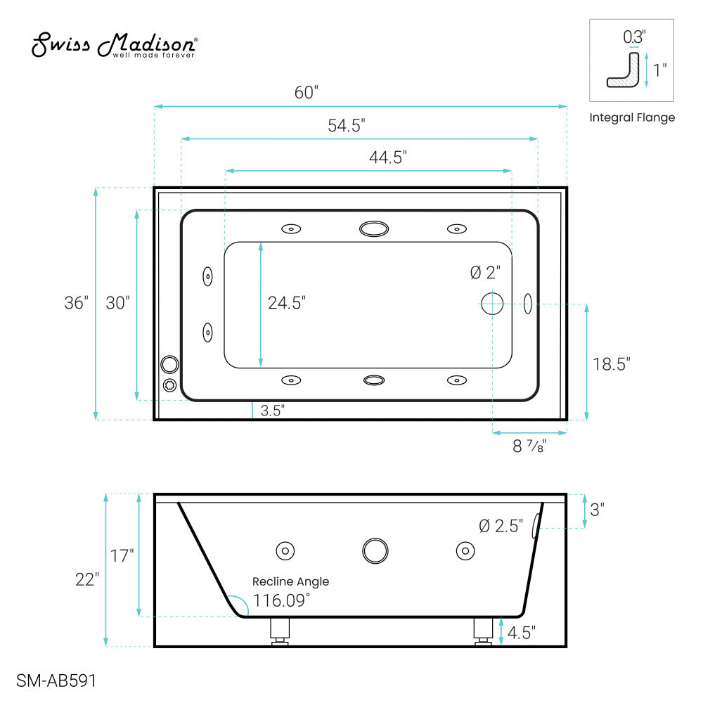 Swiss Madison Avancer 60" x 36" Right-Hand Drain Rectangular Alcove Whirlpool Bathtub with Apron