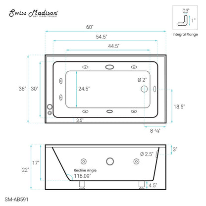 Swiss Madison Avancer 60" x 36" Right-Hand Drain Rectangular Alcove Whirlpool Bathtub with Apron