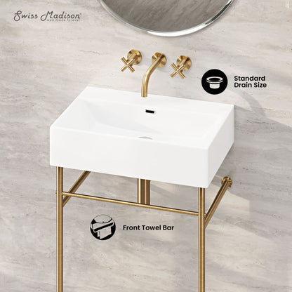 Swiss Madison Claire 24" Rectangle Zero Hole Console Sink with Brushed Gold Legs