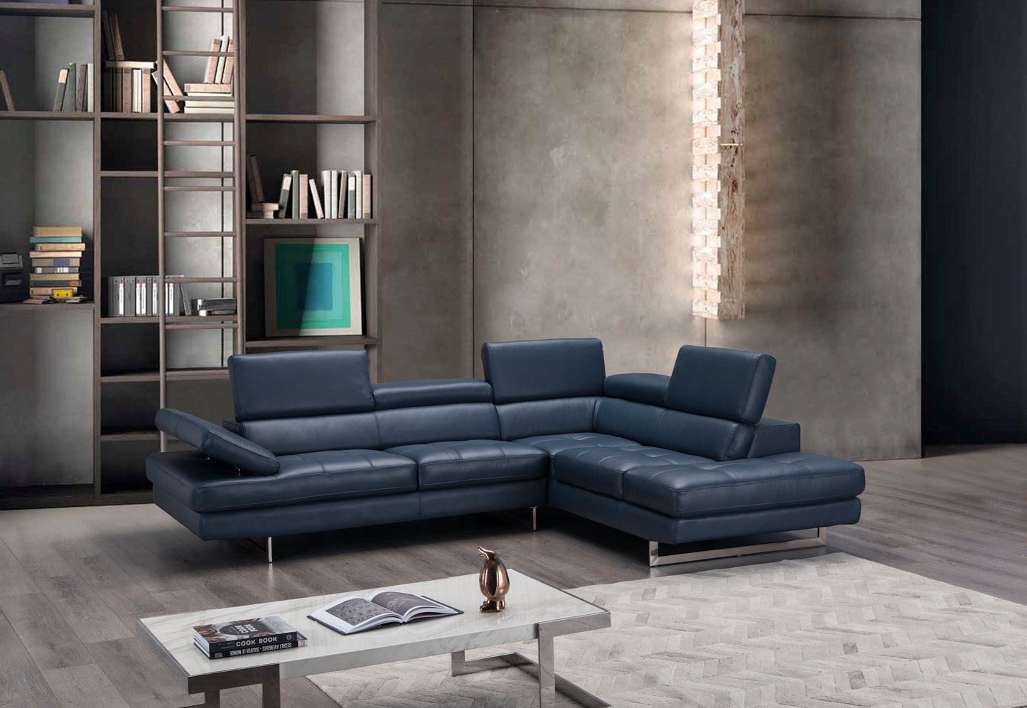 J&M Furniture A761 Italian Leather Sectional Blue In Right Hand Facing