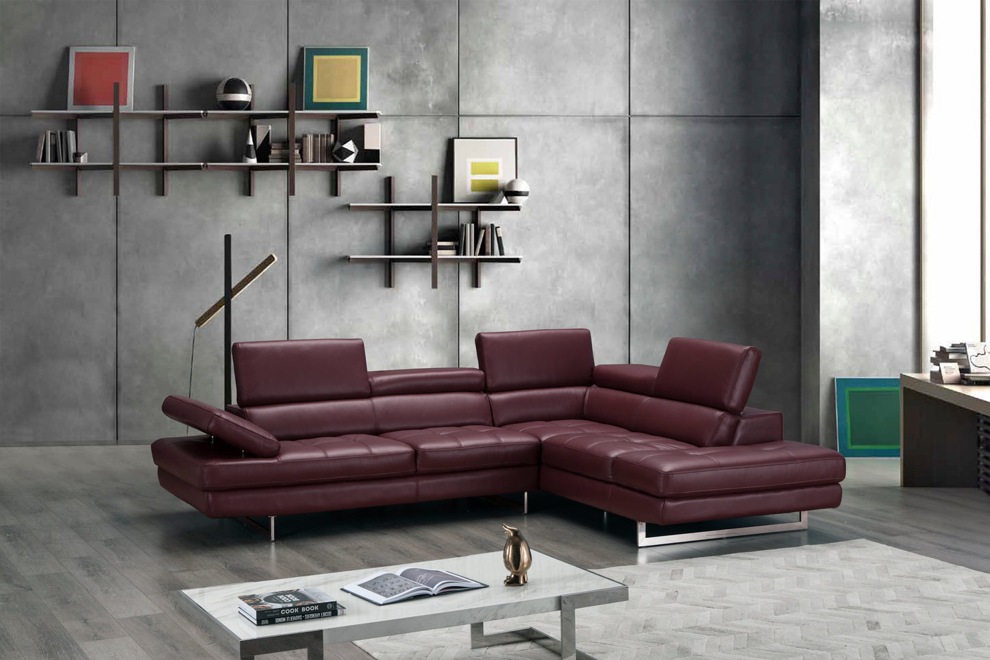 J&M Furniture A761 Italian Leather Sectional Maroon In Right Hand Facing