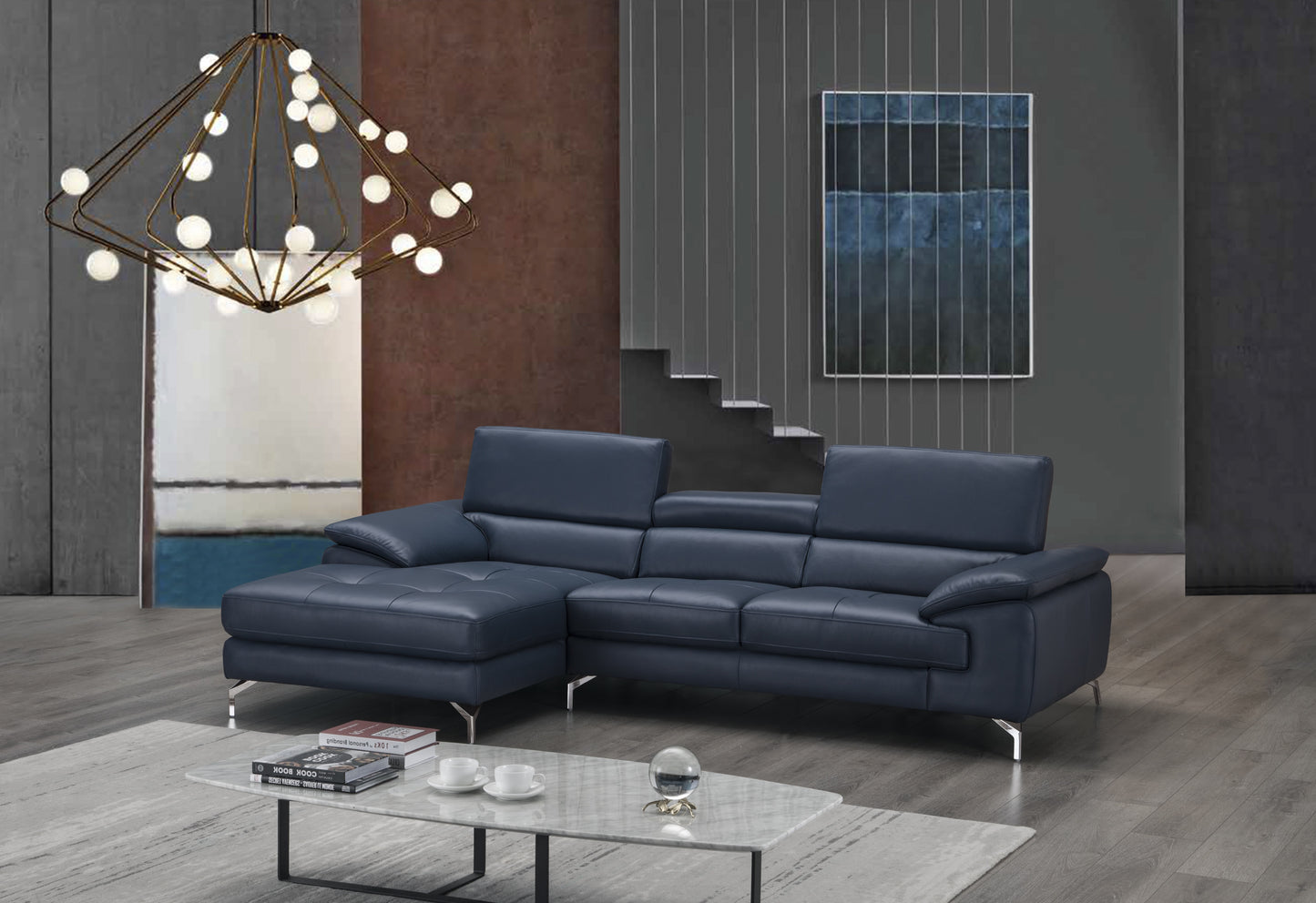 J&M Furniture A973B Italian Leather Mini Sectional Left Facing Chaise in Blue