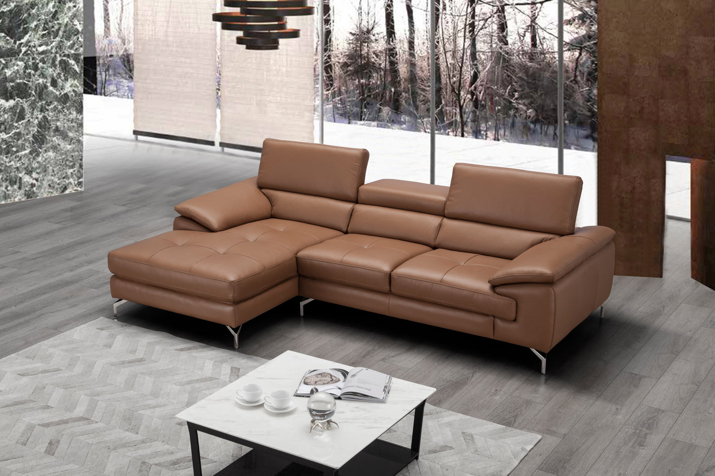 J&M Furniture A973B Italian Leather Mini Sectional Left Facing Chaise in Caramel