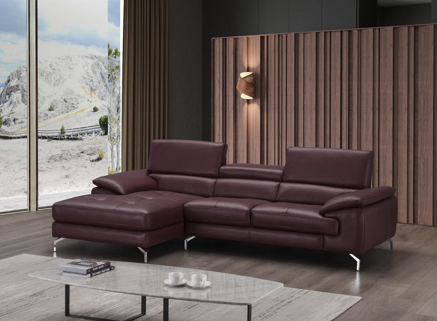 J&M Furniture A973B Italian Leather Mini Sectional Left Facing Chaise in Maroon
