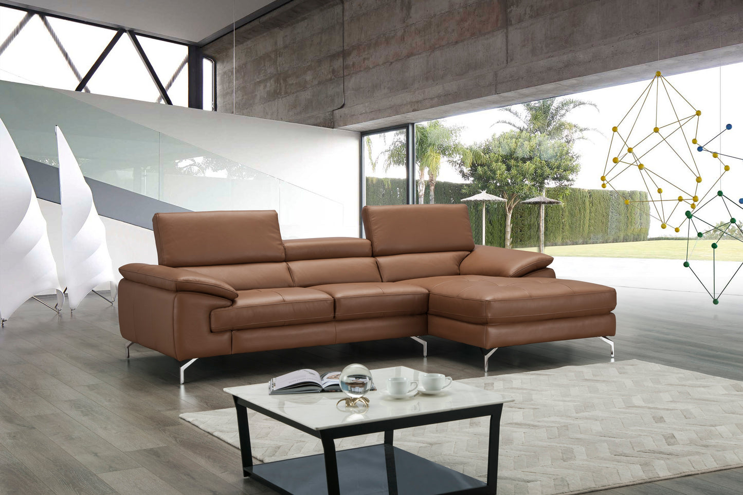 J&M Furniture A973B Italian Leather Mini Sectional Right Facing Chaise in Caramel