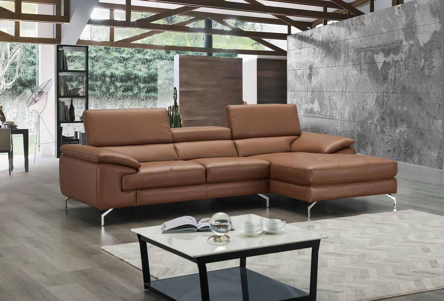 J&M Furniture A973B Italian Leather Mini Sectional Right Facing Chaise in Caramel