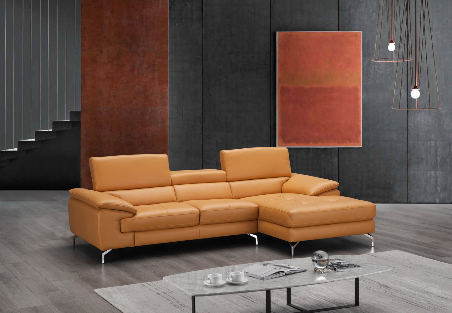 J&M Furniture A973B Italian Leather Mini Sectional Right Facing Chaise in Freesia