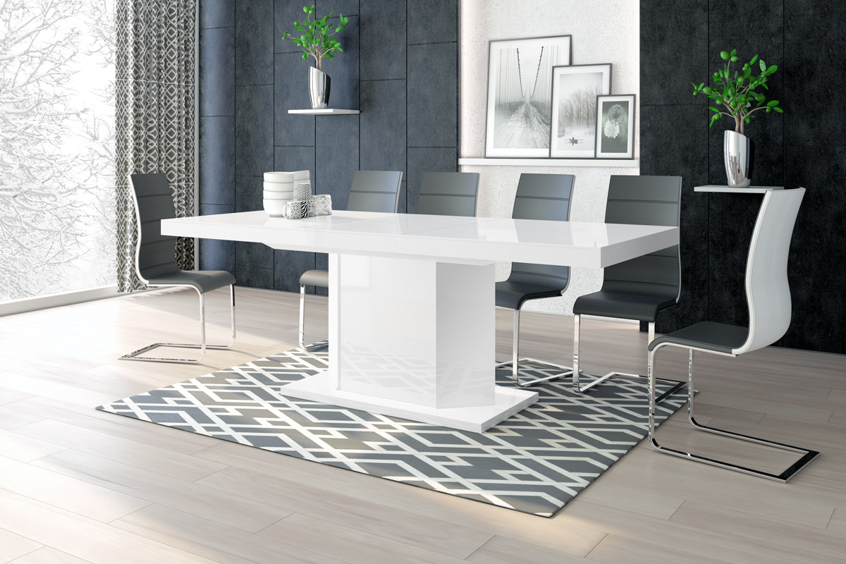 Maxima House Dining Set DIEGO 7 pcs. White modern glossy Dining Table with 6 Black/ White chairs