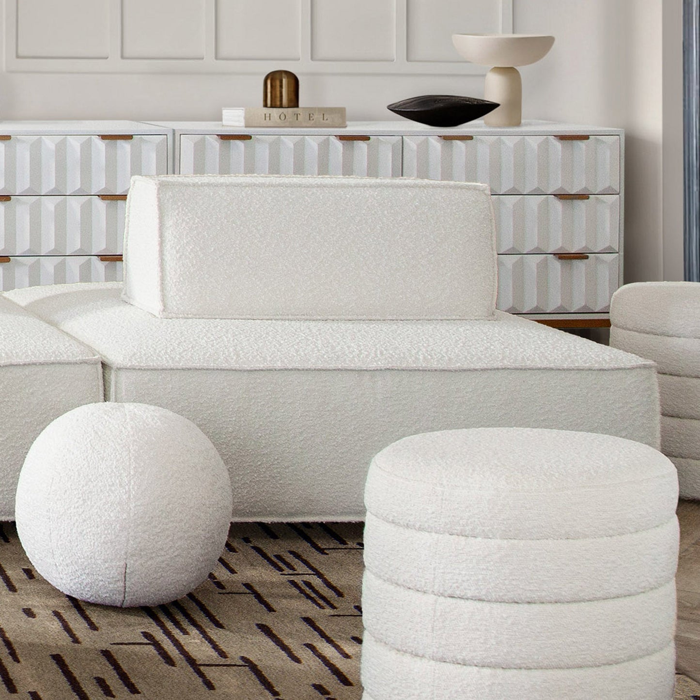 Cara Square Modular Lounger by Diamond Sofa in Ivory Boucle Fabric w/ Moveable, Non-Skid Backrest