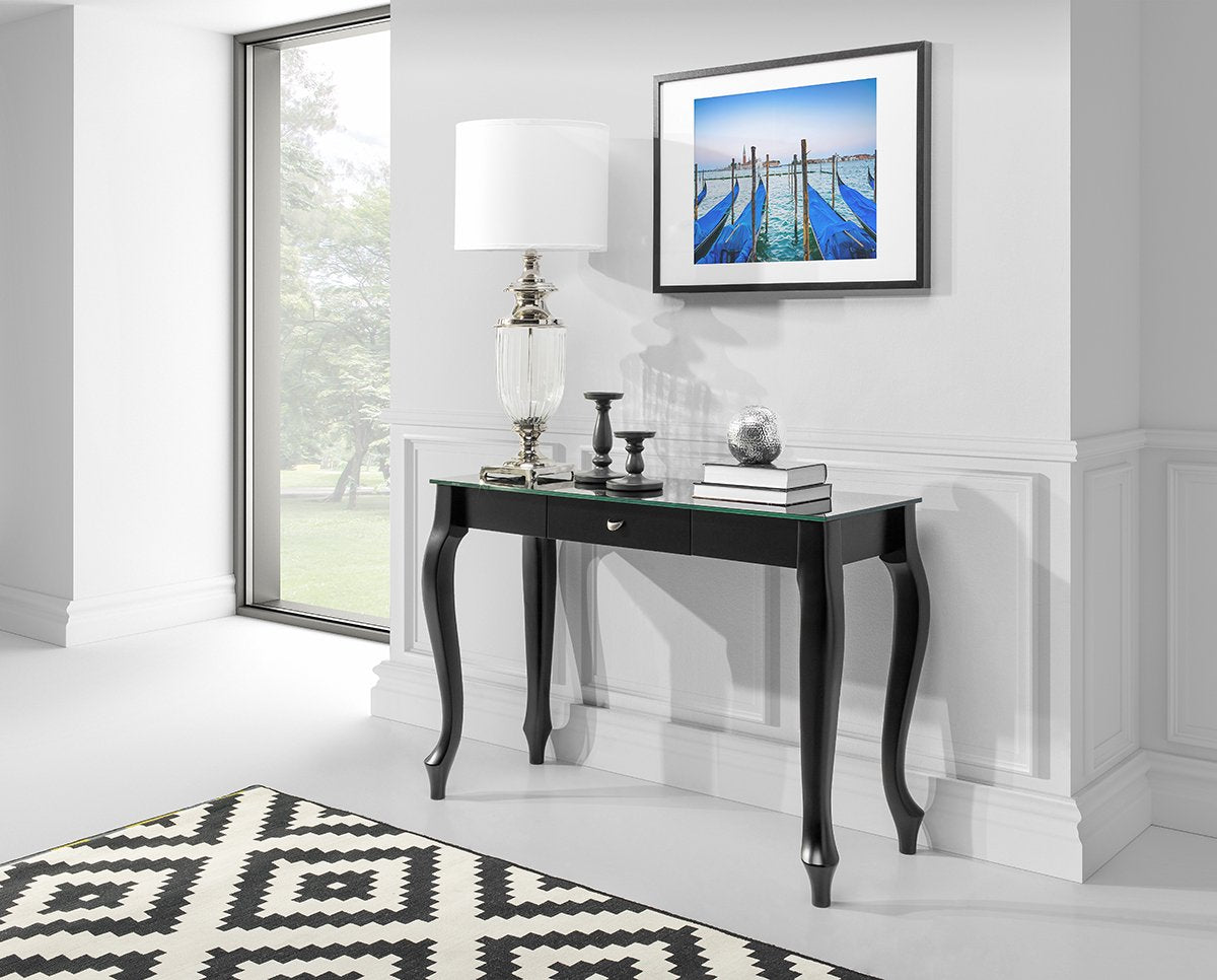 Maxima House White or Black Glass Top Console Table RETRO