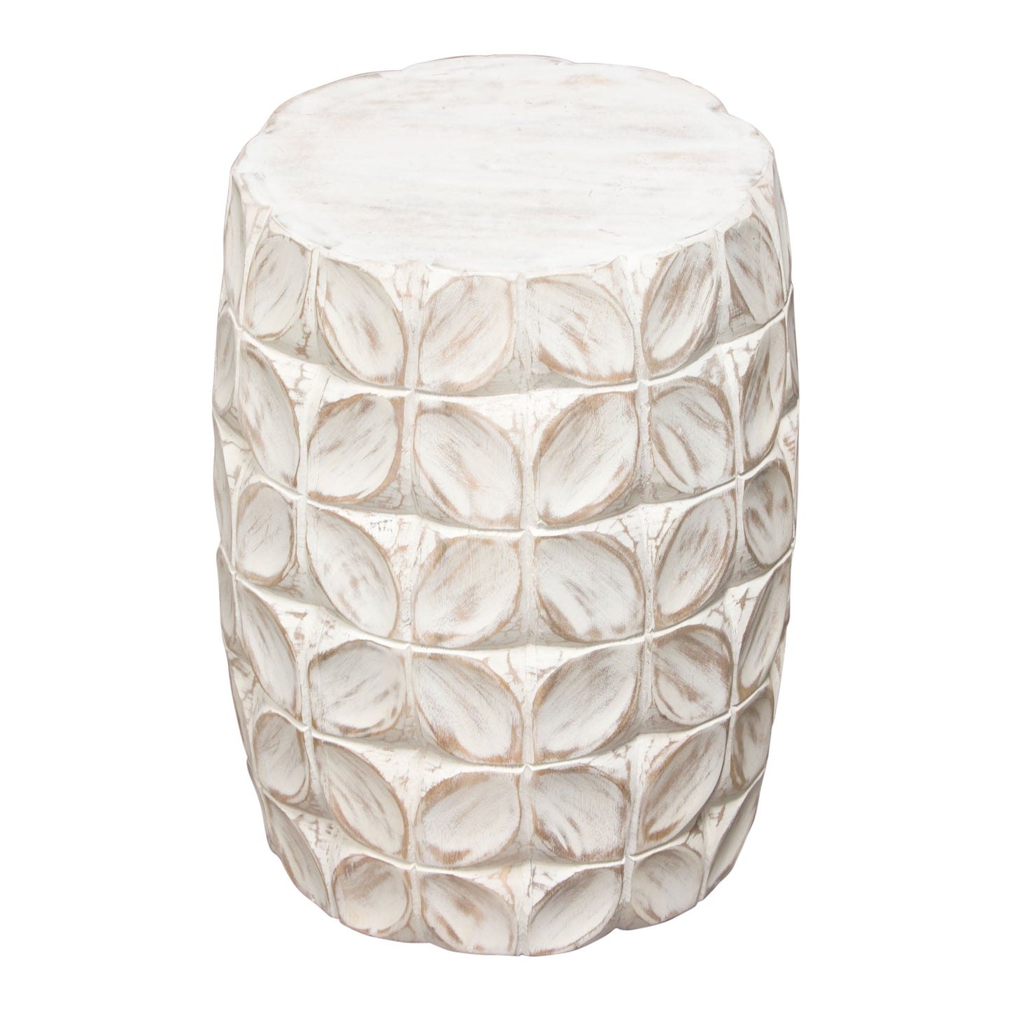 Fig Solid Mango Wood Accent Table in Distressed White Finish w/ Leaf Motif by Diamond Sofa