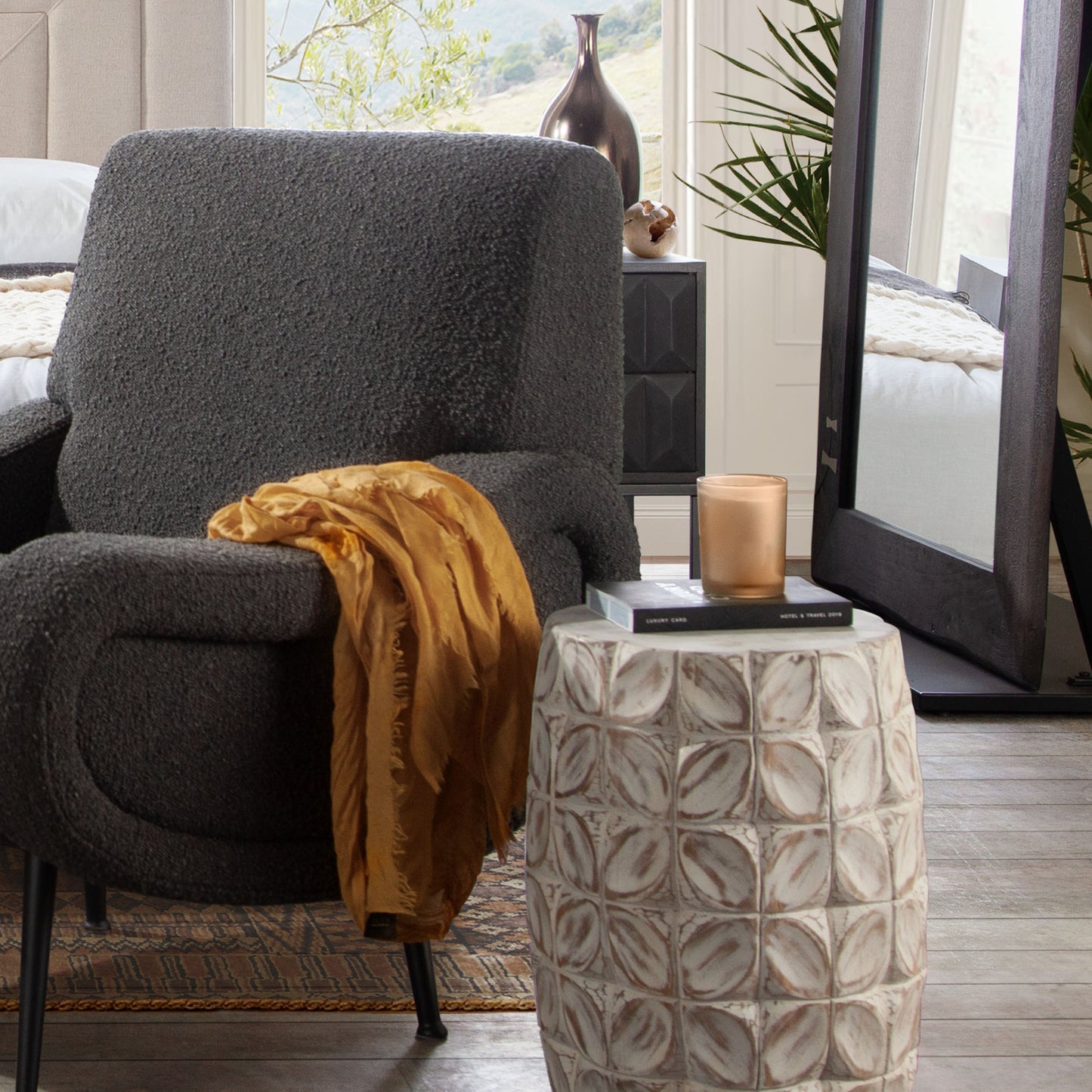 Fig Solid Mango Wood Accent Table in Distressed White Finish w/ Leaf Motif by Diamond Sofa