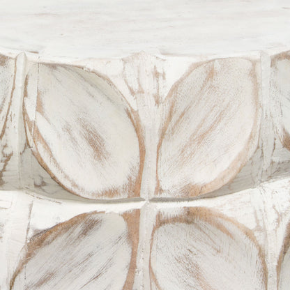 Fig Solid Mango Wood Accent Table in Distressed White Finish w/ Leaf Motif by Diamond Sofa