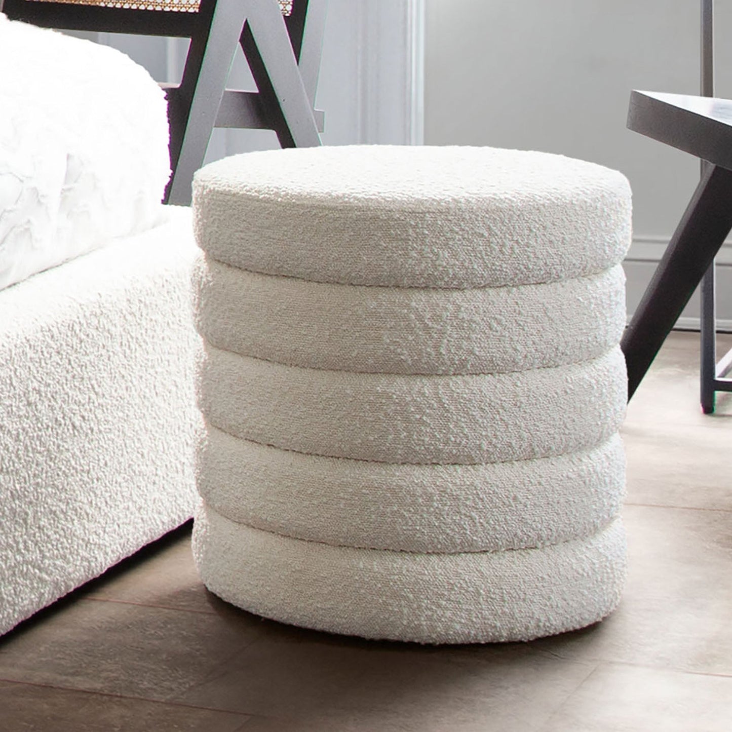 Helix Round Accent Ottoman in Ivory Boucle fabric by Diamond Sofa