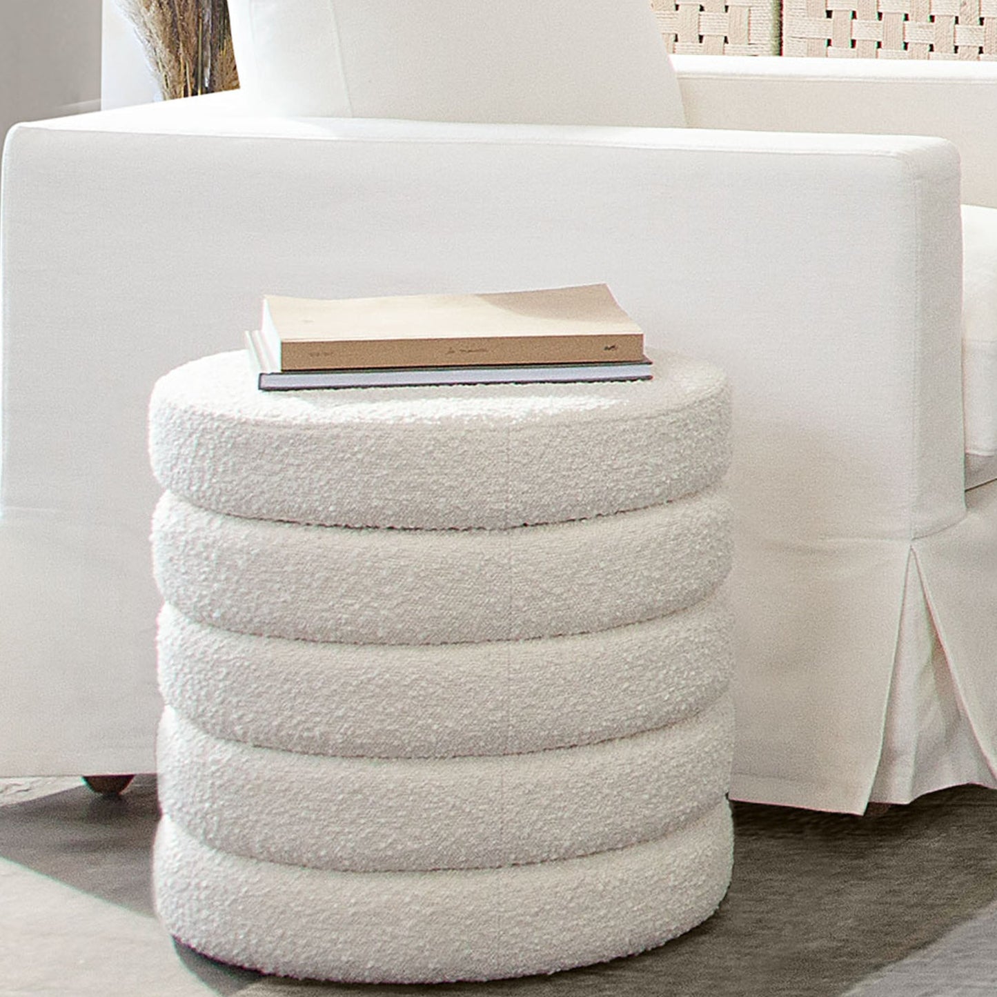 Helix Round Accent Ottoman in Ivory Boucle fabric by Diamond Sofa