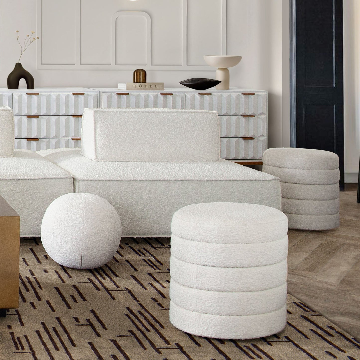 Helix Round Accent Ottoman in Ivory Boucle fabric by Diamond Sofa
