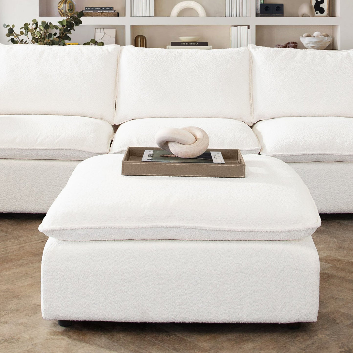 Ivy Square Ottoman in White Faux Shearling w/ Feather Down Seating by Diamond Sofa