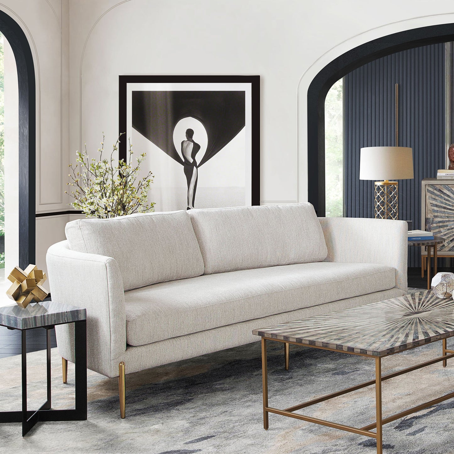 Lane Sofa in Light Cream Fabric with Gold Metal Legs by Diamond Sofa