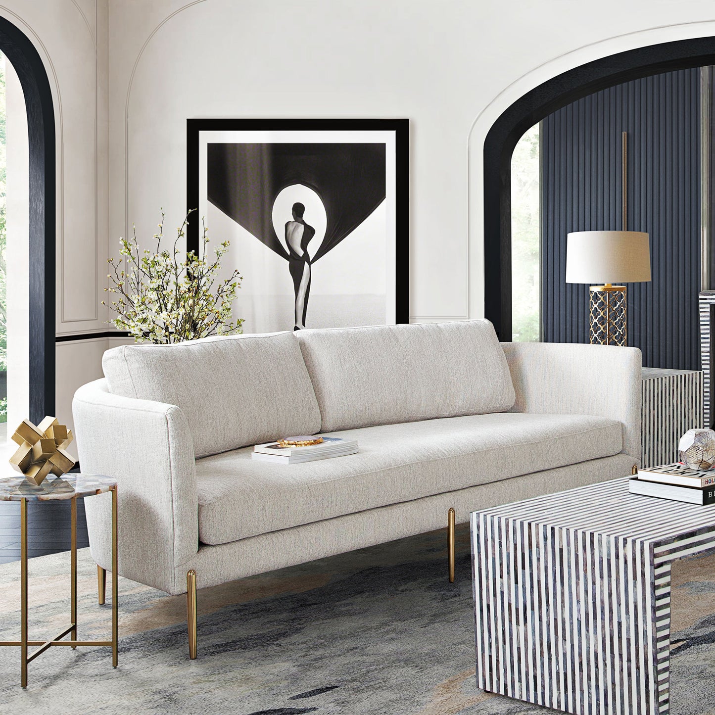 Lane Sofa in Light Cream Fabric with Gold Metal Legs by Diamond Sofa