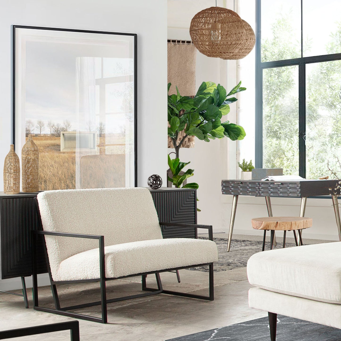 Luxe Accent Chair in Bone Boucle Textured Fabric with Black Powder Coat Frame by Diamond Sofa