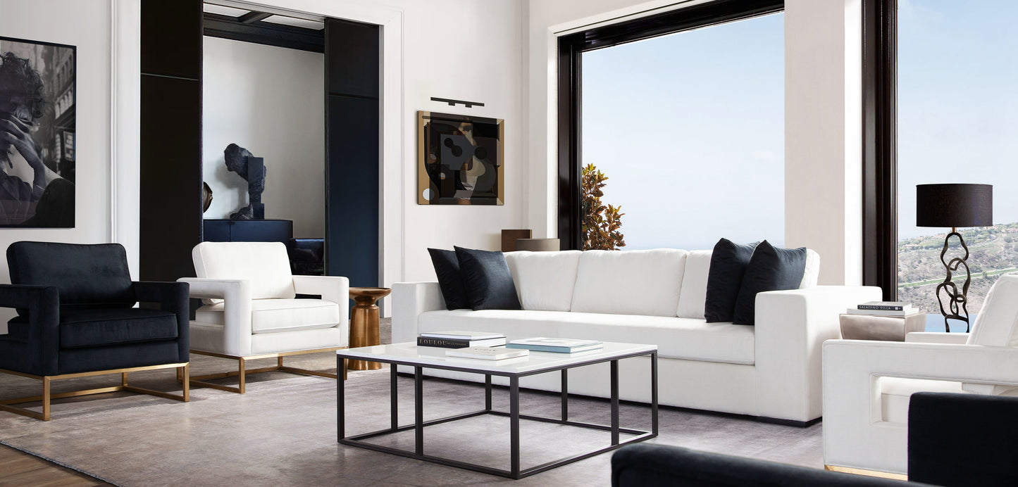 Muse Sofa in Mist White Performance Fabric w/ (4) Black Accent Pillows by Diamond Sofa