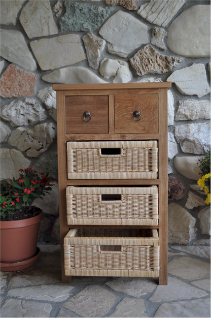 Anderson Teak Safari Occasional Table w/ Drawer & Rattan Baskets