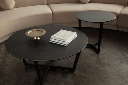 Onyx Round End Table w/ Black Ceramic Glass Top & Black Metal Leg by Diamond Sofa
