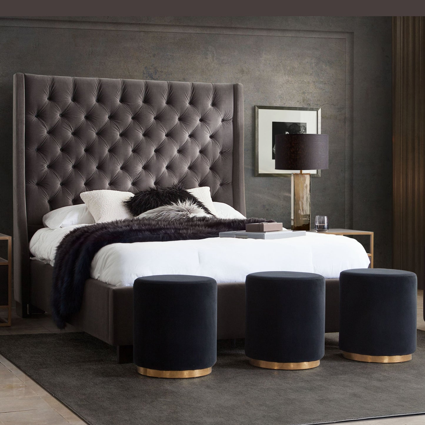 Park Avenue Eastern King Tufted Bed with Vintage Wing in Smoke Grey Velvet by Diamond Sofa