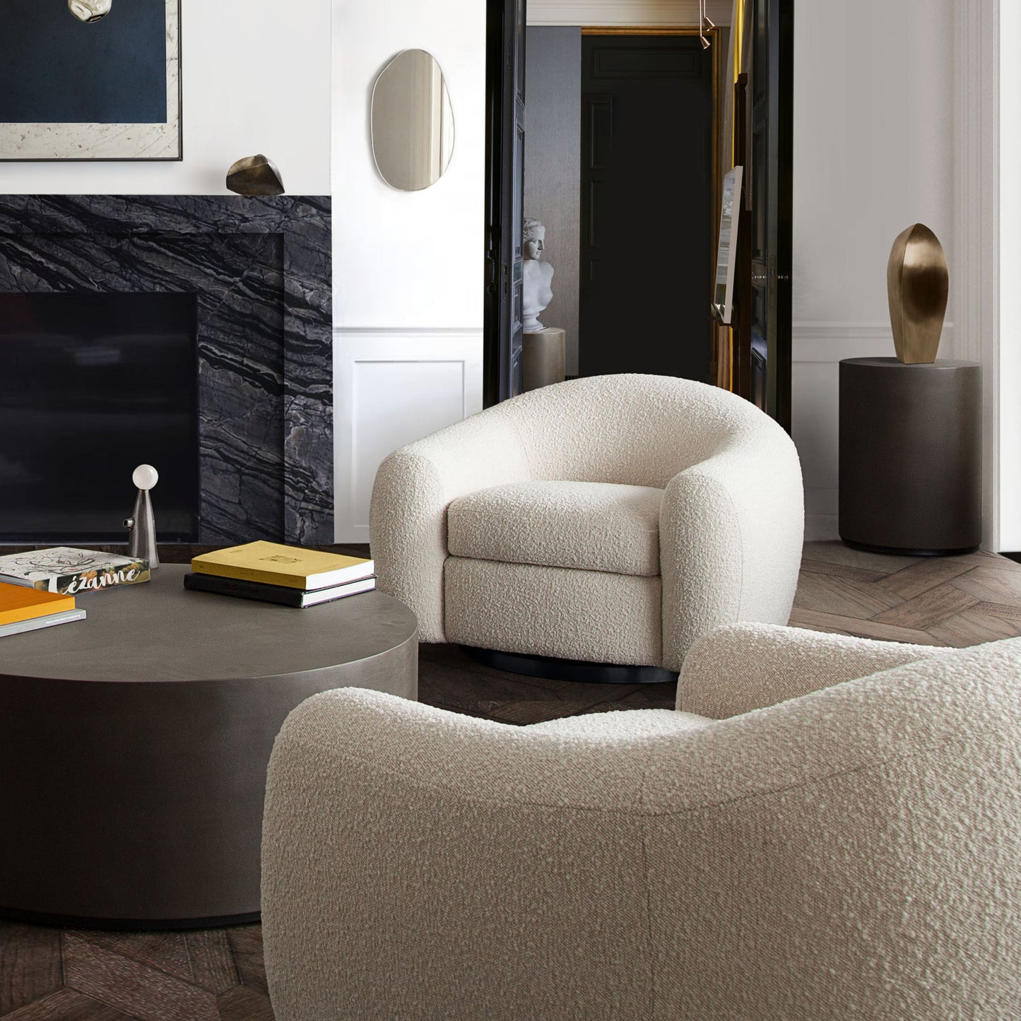 Pascal Swivel Chair in Bone Boucle Textured Fabric w/ Contoured Arms & Back by Diamond Sofa