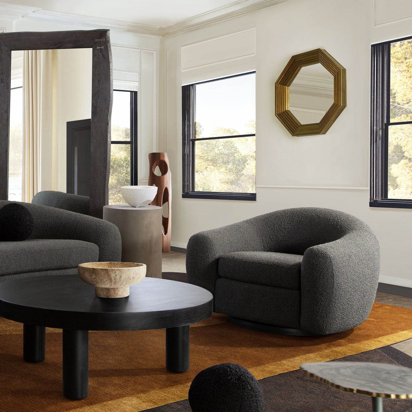 Pascal Swivel Chair in Charcoal Boucle Textured Fabric w/ Contoured Arms & Back by Diamond Sofa