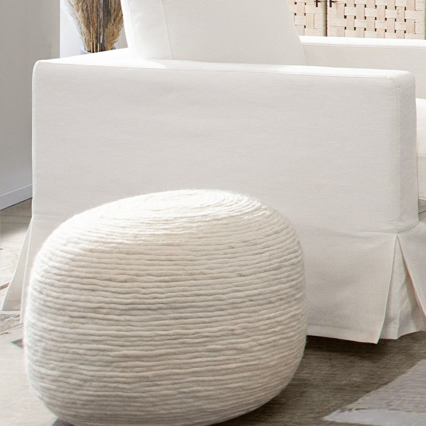 Round Pouf in White Dyed Natural Wool by Diamond Sofa