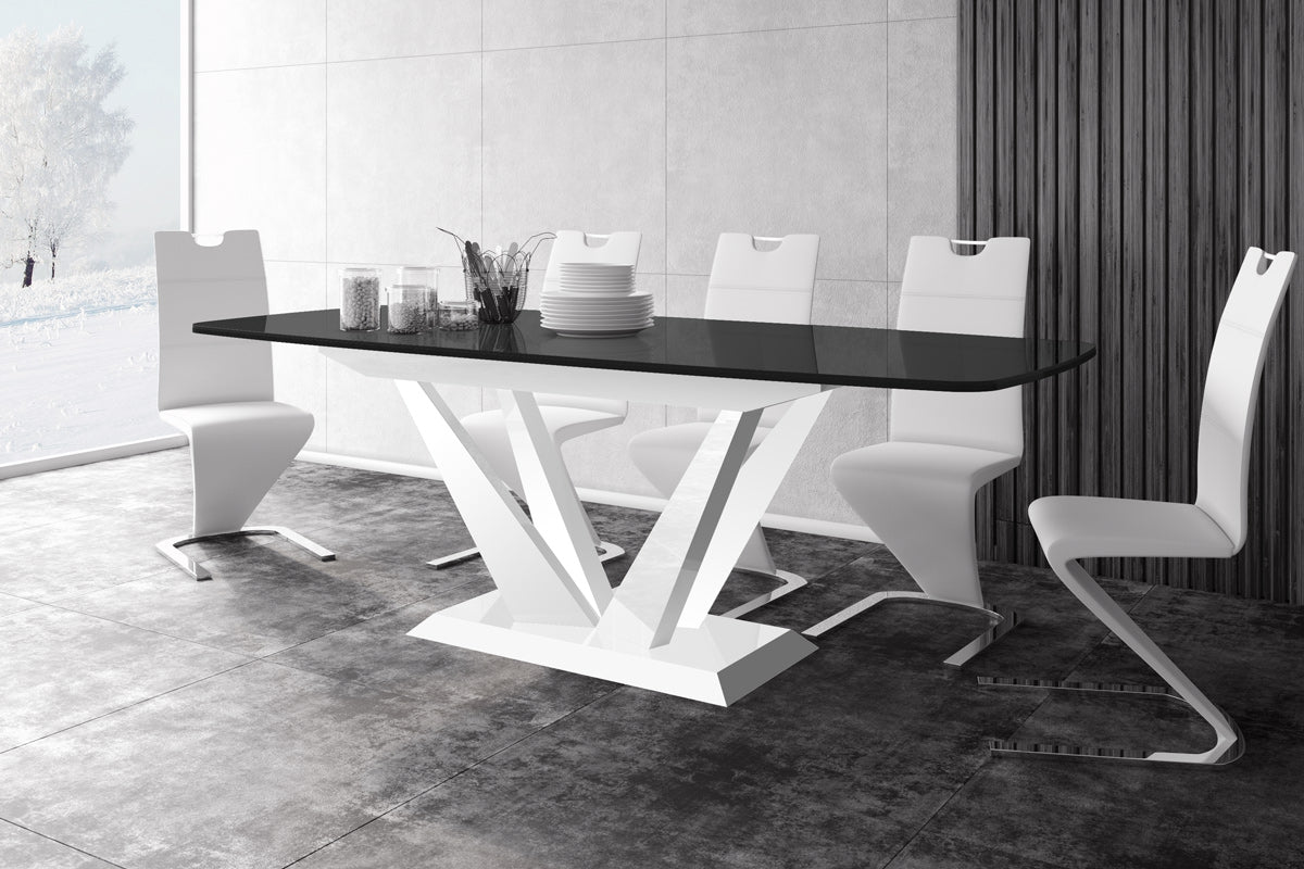 Maxima House Dining Set FETO 7 pcs. modern glossy Dining Table with 2 self-starting leaves plus 6 chairs