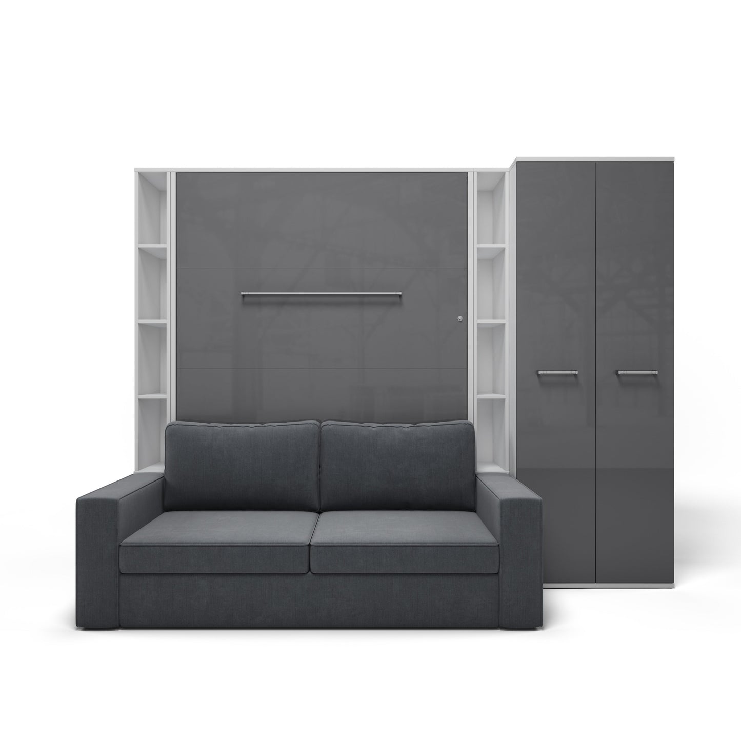 Maxima House Vertical European FULL size Murphy Bed Invento with a Sofa, two Shelves and Wardrobe