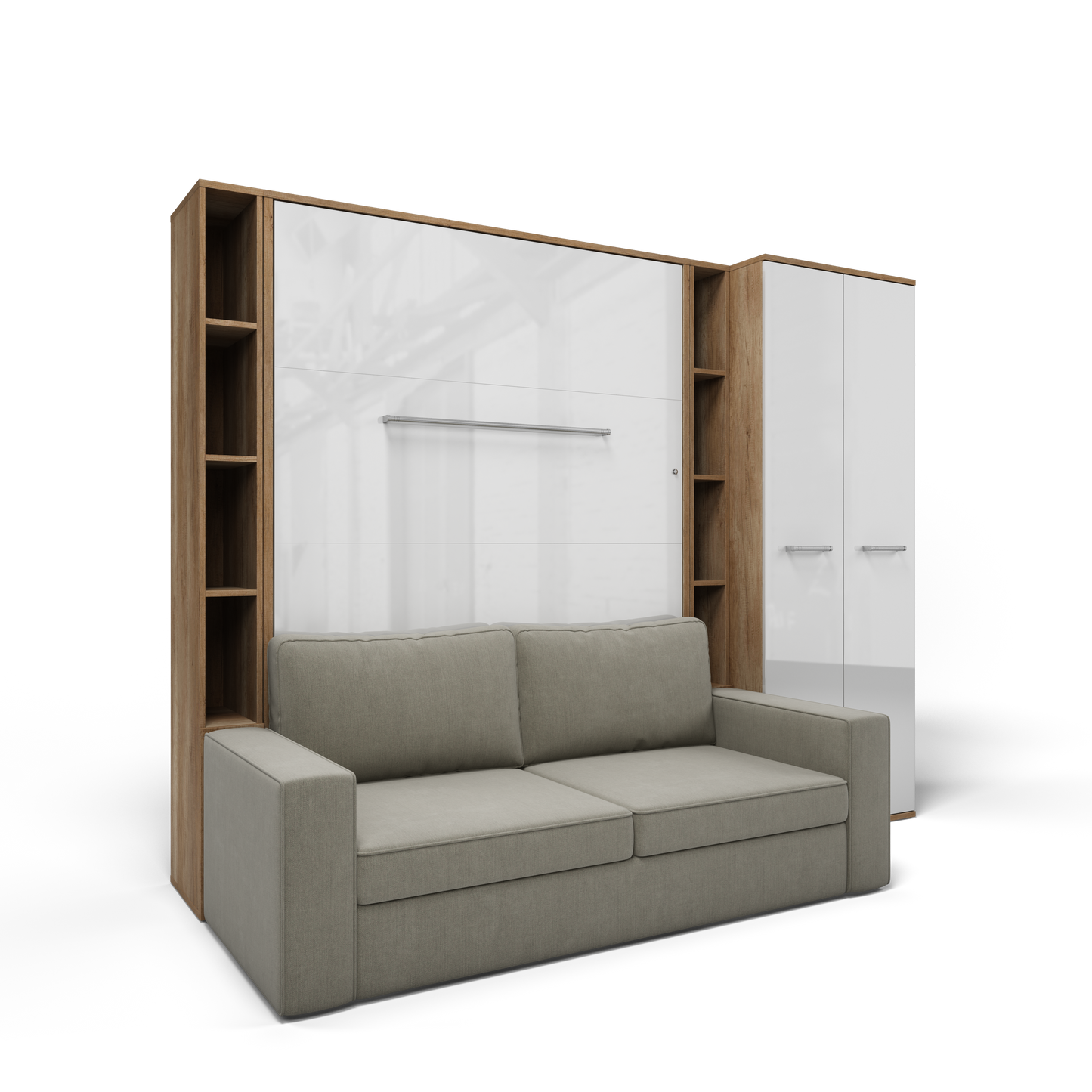 Maxima House Vertical European FULL size Murphy Bed Invento with a Sofa, two Shelves and Wardrobe