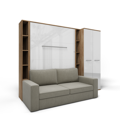 Maxima House Vertical European FULL size Murphy Bed Invento with a Sofa, two Shelves and Wardrobe