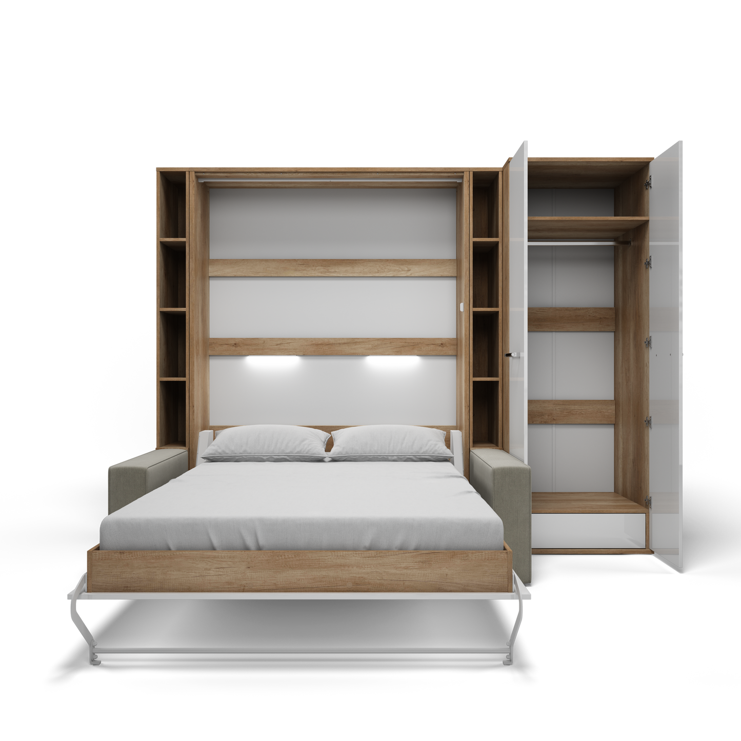 Maxima House Vertical European FULL size Murphy Bed Invento with a Sofa, two Shelves and Wardrobe