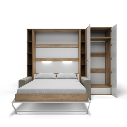 Maxima House Vertical European FULL size Murphy Bed Invento with a Sofa, two Shelves and Wardrobe