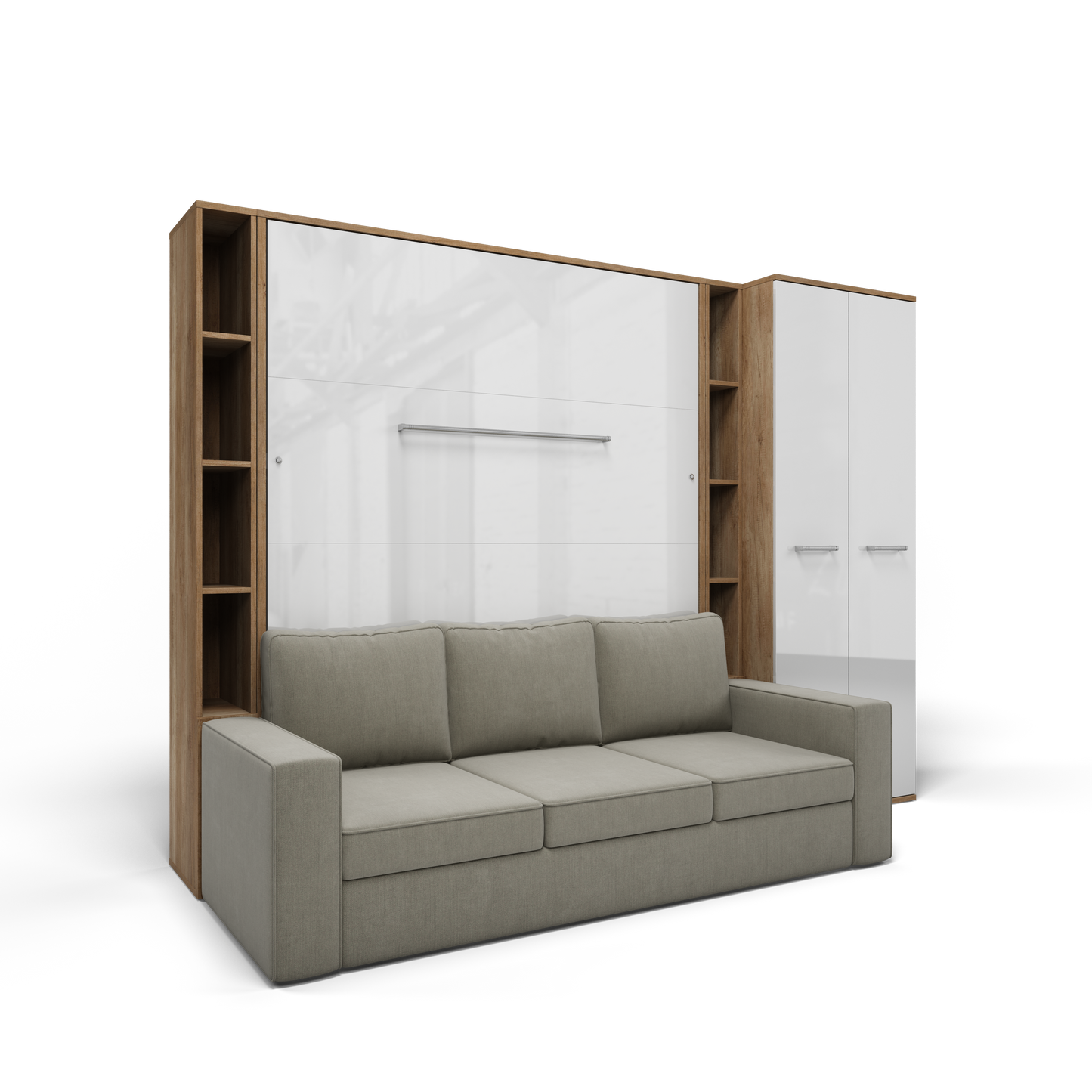 Maxima House Vertical Queen size Murphy Bed Invento with a Sofa, two Cabinets and Wardrobe